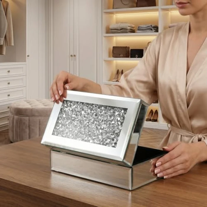 QMDECOR Luxury Silver Crushed Diamond Glass Mirrored Jewelry Organizer Box Storage by QMDECOR - Image 4
