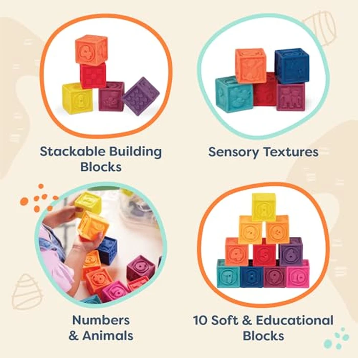 B. toys - Baby Blocks - Stacking & Building Toys for Babies - 10 Soft & Educational Blocks - Numbers, Shapes, Colors, Animals - One Two Squeeze - 6+ Months by B. toys - Image 2