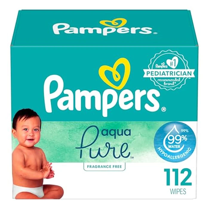 Pampers Aqua Pure Baby Wipes, 99% Water, Fragrance Free, 112 Baby Wipes Total (2X Flip-Top Packs) by Pampers - Used - Like New condition