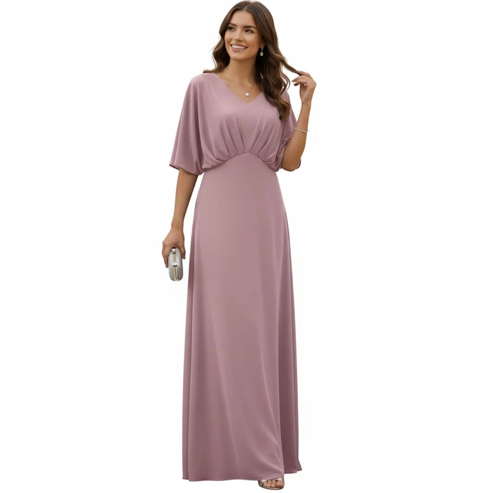 KOH KOH Womens Long Elegant Flowy Empire Waist Wedding Guest Bridesmaid Special Occasion Semi Formal Short Dolman Sleeve V-Neck Pleated Maxi Dress Gown, Dusty Pastel Pink M 8-10 by KOH KOH - Used - Like New condition - US$47.67