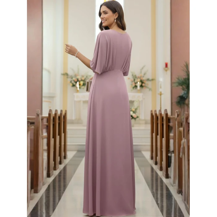 KOH KOH Womens Long Elegant Flowy Empire Waist Wedding Guest Bridesmaid Special Occasion Semi Formal Short Dolman Sleeve V-Neck Pleated Maxi Dress Gown, Dusty Pastel Pink M 8-10 by KOH KOH - Image 5