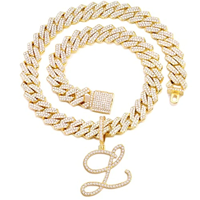 PTJDSMF Gold Silver Plated Initial Cuban Link Chain Necklace for Women Cursive Letter Gold Miami cuban link chain Iced out chain with pendant for women (Gold, L) by PTJDSMF - Used - Like New condition - US$17.09