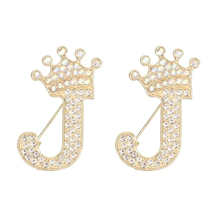 PATIKIL Letter Brooch Pins, 2Pcs Crown Initial Rhinestone Alphabet J Letter Lapel Badges Pin for Women Suits Dress Coat Clothes Craft, Gold Tone by PATIKIL - Used - Very Good condition - US$7.39