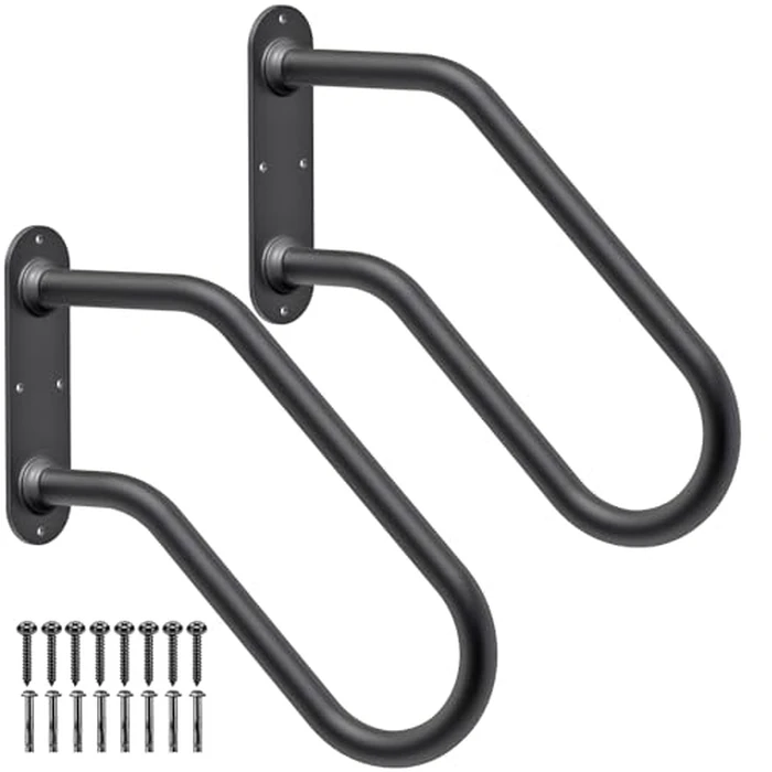 SELEWARE Heavy Duty Non-Slip Handrails for Outdoor 1-2 Step, Wall Mount Stair Hand Railing Grab Bars, U-Shape Safety Handle for Garage, Porch, Garden (Dia 1.3" Pipe, Black, 2 Pack) by SELEWARE - Used - Very Good condition - US$52.79
