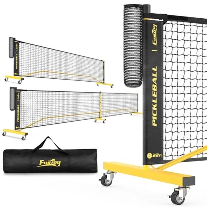 Pickleball Net with Wheels, Portable 2-in-1 Pickle Ball Net with Ball Collector,22FT Regulation Size & 11FT Half Court Size, Carry Bag, Steady Metal Frame for Outdoor Indoor Driveway (Yellow) by Fostoy - Used - Good condition - CA$103.39