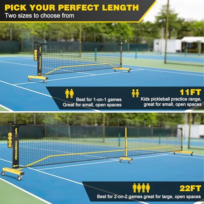 Pickleball Net with Wheels, Portable 2-in-1 Pickle Ball Net with Ball Collector,22FT Regulation Size & 11FT Half Court Size, Carry Bag, Steady Metal Frame for Outdoor Indoor Driveway (Yellow) by Fostoy - Image 2