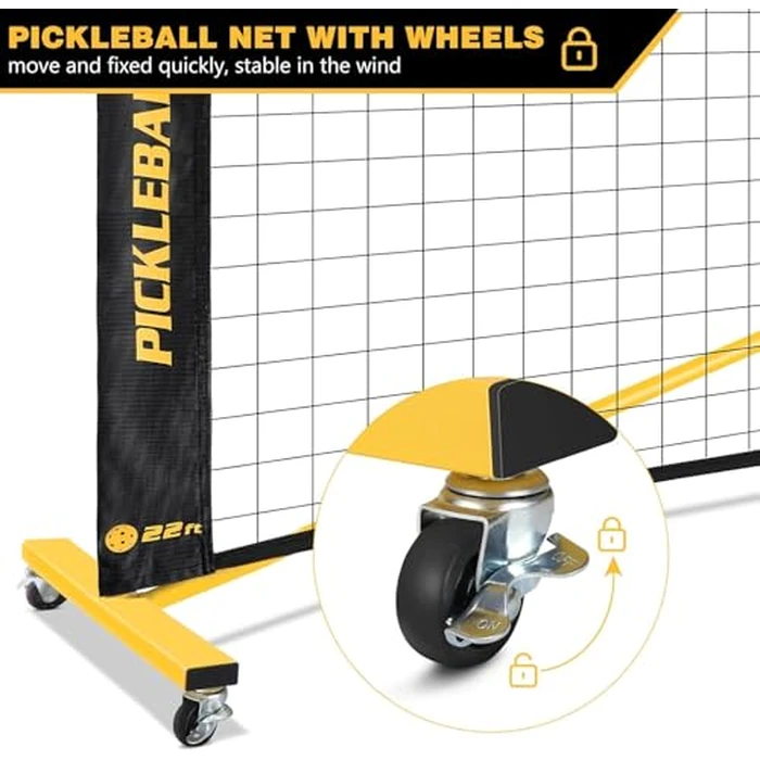 Pickleball Net with Wheels, Portable 2-in-1 Pickle Ball Net with Ball Collector,22FT Regulation Size & 11FT Half Court Size, Carry Bag, Steady Metal Frame for Outdoor Indoor Driveway (Yellow) by Fostoy - Image 3