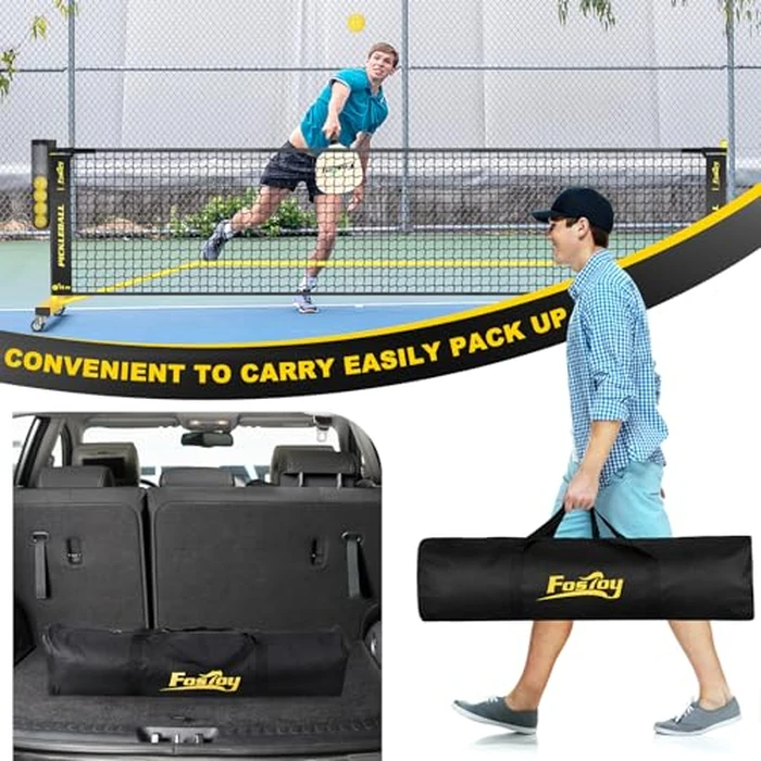 Pickleball Net with Wheels, Portable 2-in-1 Pickle Ball Net with Ball Collector,22FT Regulation Size & 11FT Half Court Size, Carry Bag, Steady Metal Frame for Outdoor Indoor Driveway (Yellow) by Fostoy - Image 6