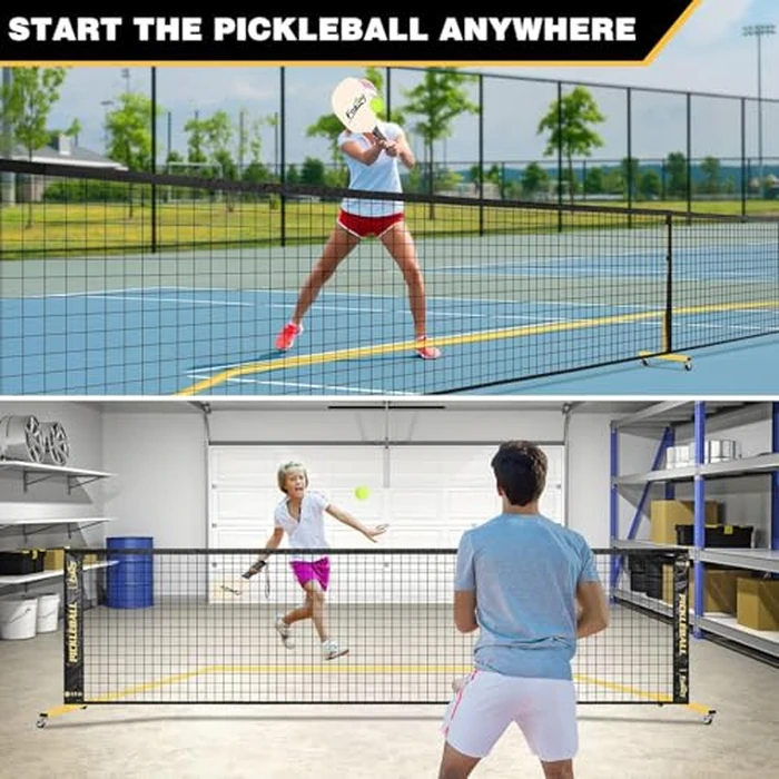 Pickleball Net with Wheels, Portable 2-in-1 Pickle Ball Net with Ball Collector,22FT Regulation Size & 11FT Half Court Size, Carry Bag, Steady Metal Frame for Outdoor Indoor Driveway (Yellow) by Fostoy - Image 7