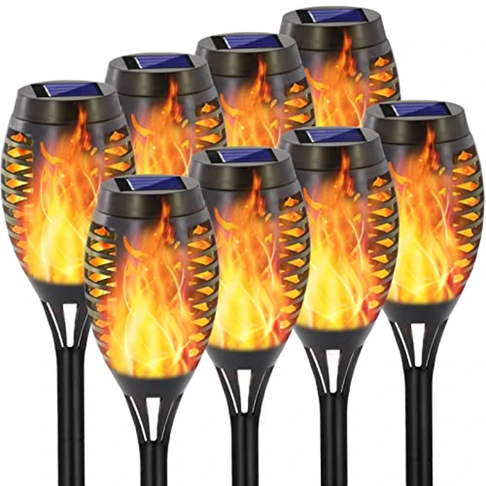 EOYIZW 8 Pack Solar Torch Light with Flickering Flame, 12 LEDs Solar Lights Outdoor, IP65 Waterproof Tiki Torches for Outside Landscape Decoration Outdoor Lights for Garden Yard Patio by EOYIZW - Used - Very Good condition
