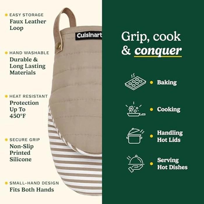 Cuisinart Mini Oven Mitts - 5.5” x 8” Heat-Resistant Kitchen Mitts for Oven with Non-Slip Printed Silicone, Cotton Filling, and Faux Leather Loop - Durable Oven Mitt Set for Cooking & Baking by Best Brands - Image 5
