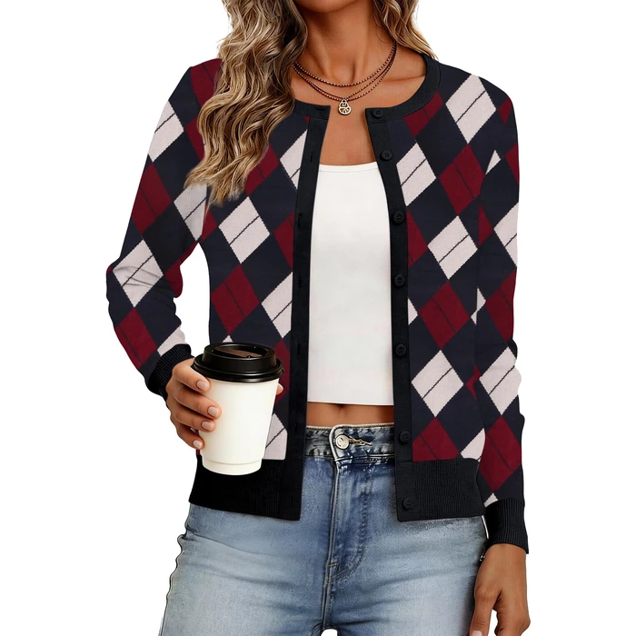 Bellcoco Cardigan Sweaters for Women Lightweight Crew Neck Button Down Long Sleeve Spring Summer Outfits Fashion Clothing 2026 Navy Argyle,S by Bellcoco - Used - Like New condition - US$27.68