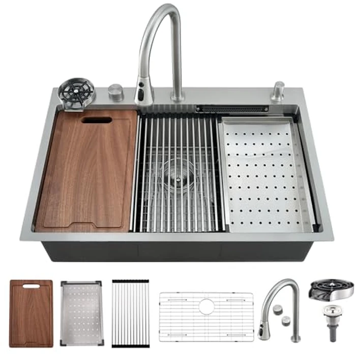 WMXQX Waterfall Kitchen Sink Drop In 31x20 Top Mount Kitchen Sinks with Faucet Combo Workstation 16 Gauge Stainless Steel Kitchen Sink Single Bowl Deep Sinks with Cup Washer by WMXQX - Used - Very Good condition