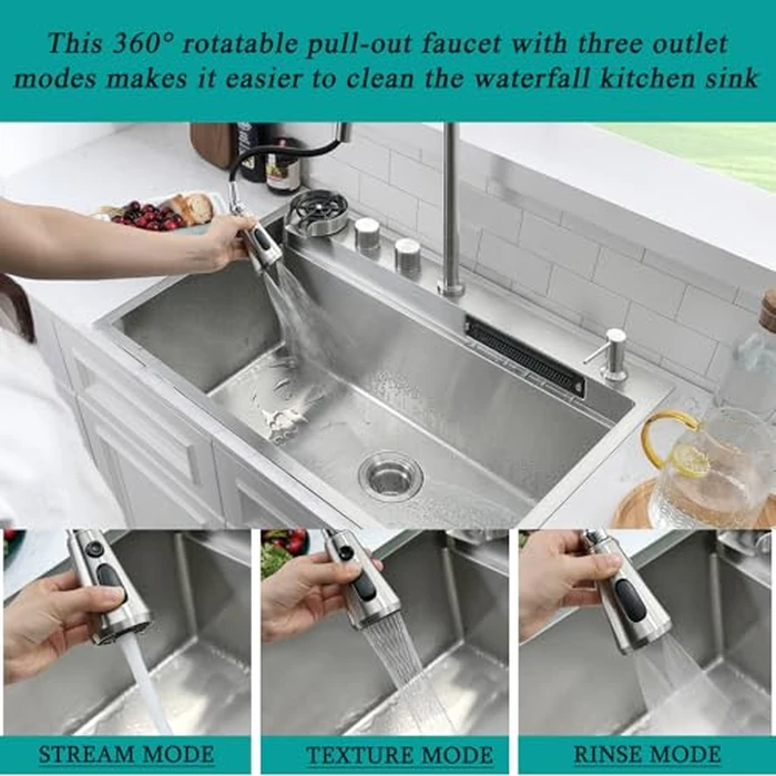 WMXQX Waterfall Kitchen Sink Drop In 31x20 Top Mount Kitchen Sinks with Faucet Combo Workstation 16 Gauge Stainless Steel Kitchen Sink Single Bowl Deep Sinks with Cup Washer by WMXQX - Image 4