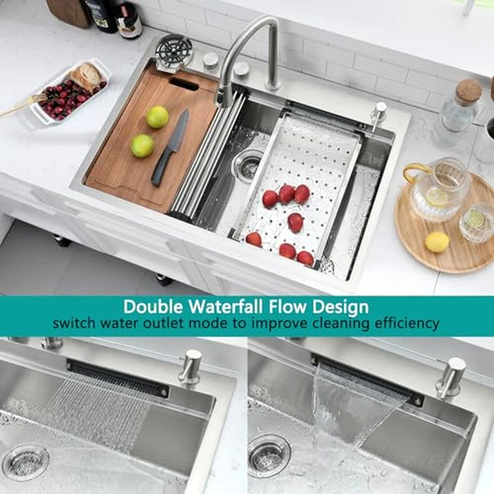 WMXQX Waterfall Kitchen Sink Drop In 31x20 Top Mount Kitchen Sinks with Faucet Combo Workstation 16 Gauge Stainless Steel Kitchen Sink Single Bowl Deep Sinks with Cup Washer by WMXQX - Image 5