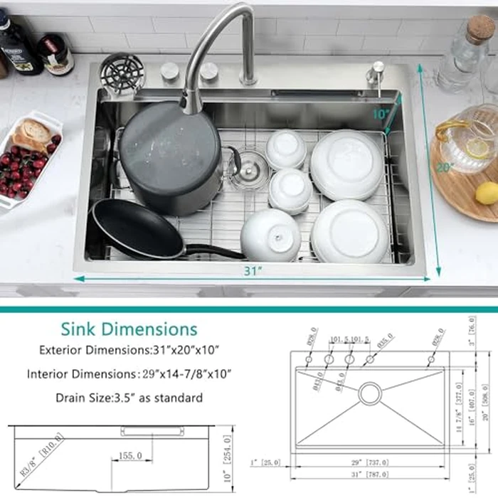 WMXQX Waterfall Kitchen Sink Drop In 31x20 Top Mount Kitchen Sinks with Faucet Combo Workstation 16 Gauge Stainless Steel Kitchen Sink Single Bowl Deep Sinks with Cup Washer by WMXQX - Image 9