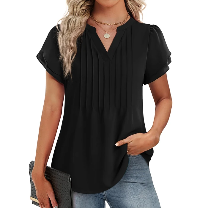 Funlingo Blouses for Women Dressy Casual Ruffle Short Sleeve Black Tops Spring Trendy V Neck Tunic Work Shirt for Business Office 2XL by Funlingo - Used - Like New condition