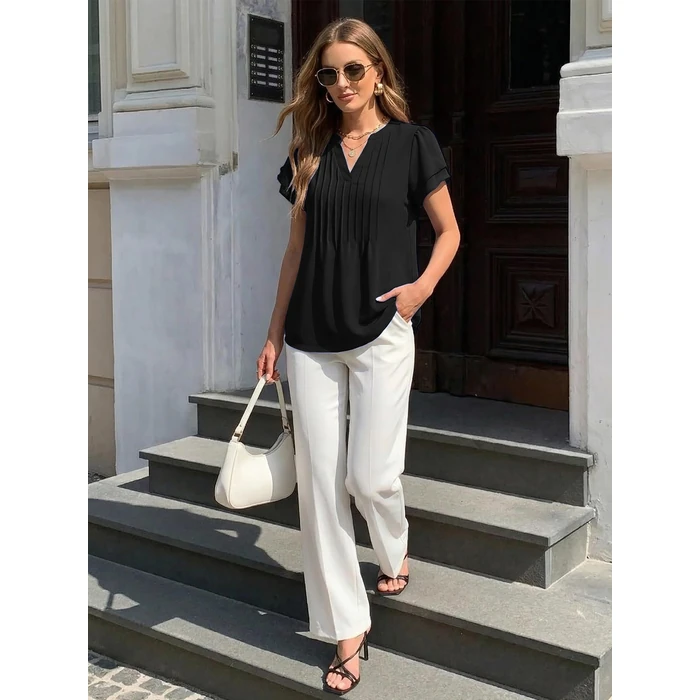 Funlingo Blouses for Women Dressy Casual Ruffle Short Sleeve Black Tops Spring Trendy V Neck Tunic Work Shirt for Business Office 2XL by Funlingo - Image 5