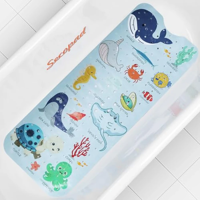 Baby Bath Mat, Cartoon Kids Bathtub Mat Non Slip for Toddler Bath Shower Anti Slip, 40In X 16In with Drain Holes and Suction Cups Machine Washable, Blue Sea Animals by Secopad - Used - Like New condition - CA$16.71