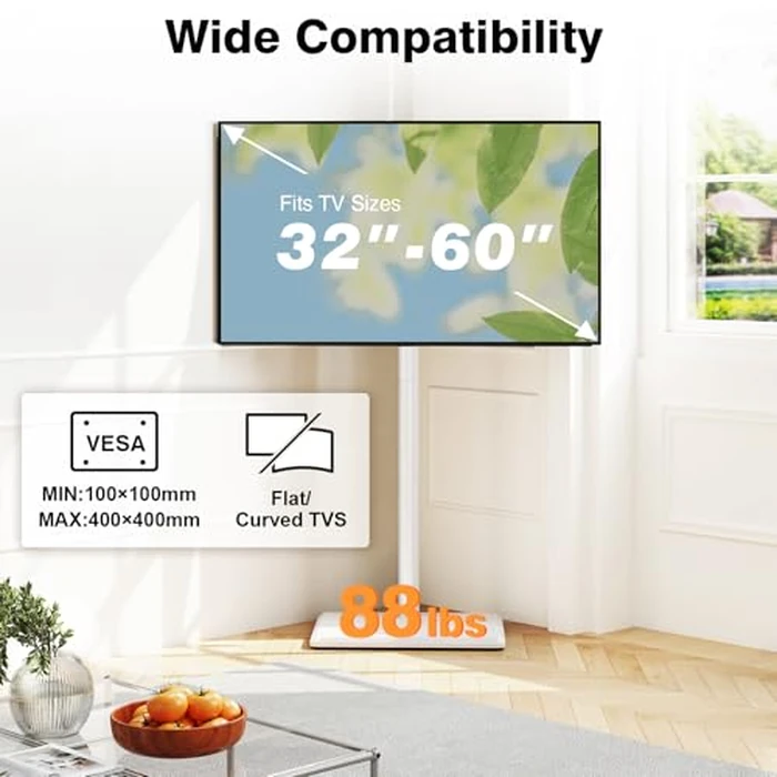 Swivel TV Floor Stand for 32-60 inch TVs, Height Adjustable TV Mount with Stable Base, Holds 88 lbs, Fixed Position Stand for Living Room, Bedroom, Home Office White by 5Rcom - Image 3
