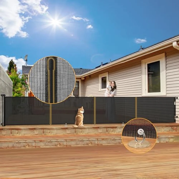 5 Meters Retractable Baby Gate Extra Wide, 200'' x 34'' Tall Black Long Mesh Dog Child Pet Safety Indoor Outdoor Retractable Gates for Decks, Garage, Stairs, Doorways, with Reinforcement Strips by AMAZKRUS - Image 1
