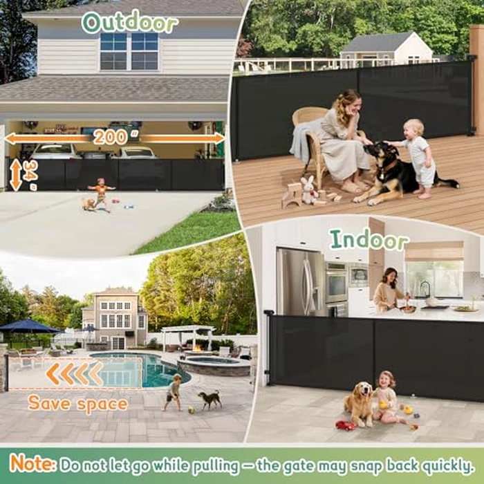 5 Meters Retractable Baby Gate Extra Wide, 200'' x 34'' Tall Black Long Mesh Dog Child Pet Safety Indoor Outdoor Retractable Gates for Decks, Garage, Stairs, Doorways, with Reinforcement Strips by AMAZKRUS - Image 8