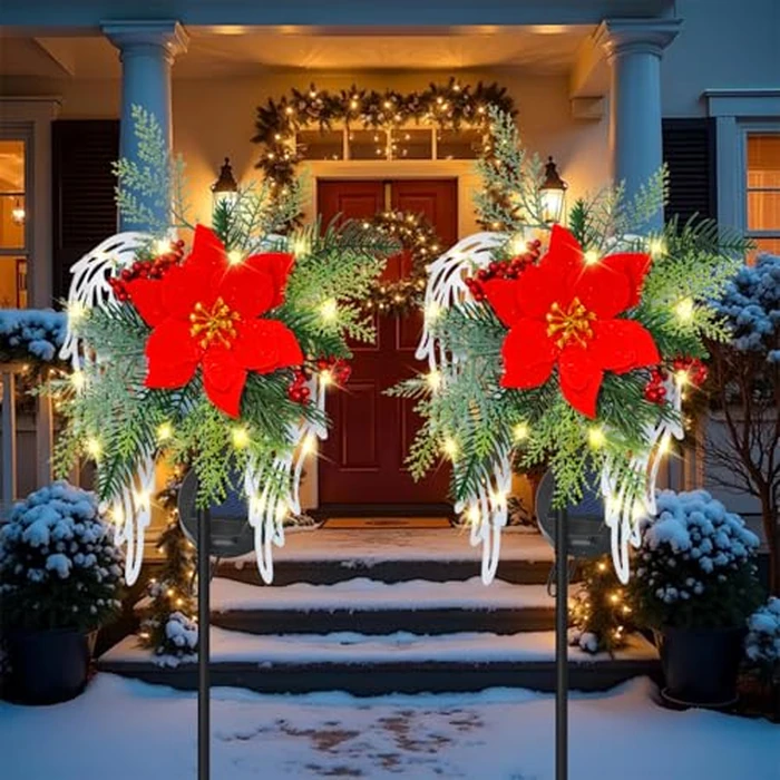 Solar Christmas Lights Outdoor Decorations, Angel Wings Garden Stake Lights Waterproof with Poinsettia Decor for Pathway, Patio, Yard, Lawn by Voxary - Used - Like New condition - US$17.21