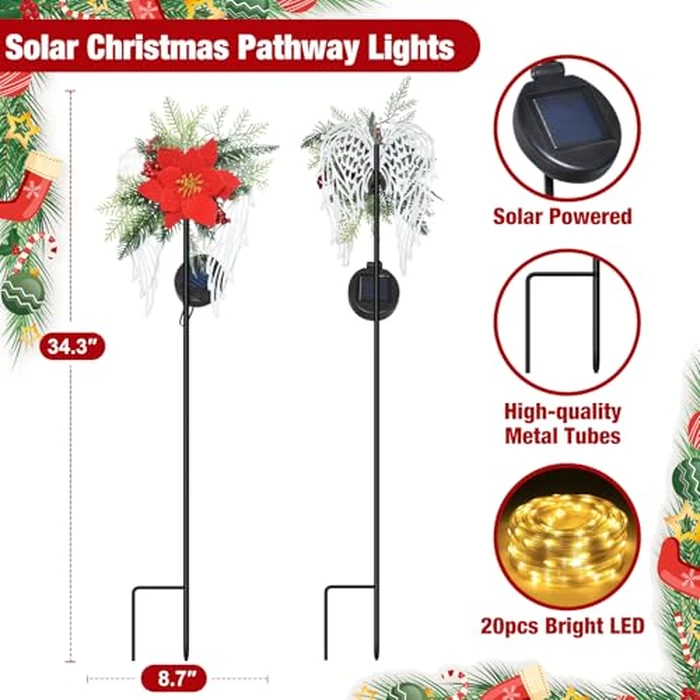 Solar Christmas Lights Outdoor Decorations, Angel Wings Garden Stake Lights Waterproof with Poinsettia Decor for Pathway, Patio, Yard, Lawn by Voxary - Image 2