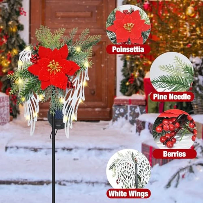 Solar Christmas Lights Outdoor Decorations, Angel Wings Garden Stake Lights Waterproof with Poinsettia Decor for Pathway, Patio, Yard, Lawn by Voxary - Image 3