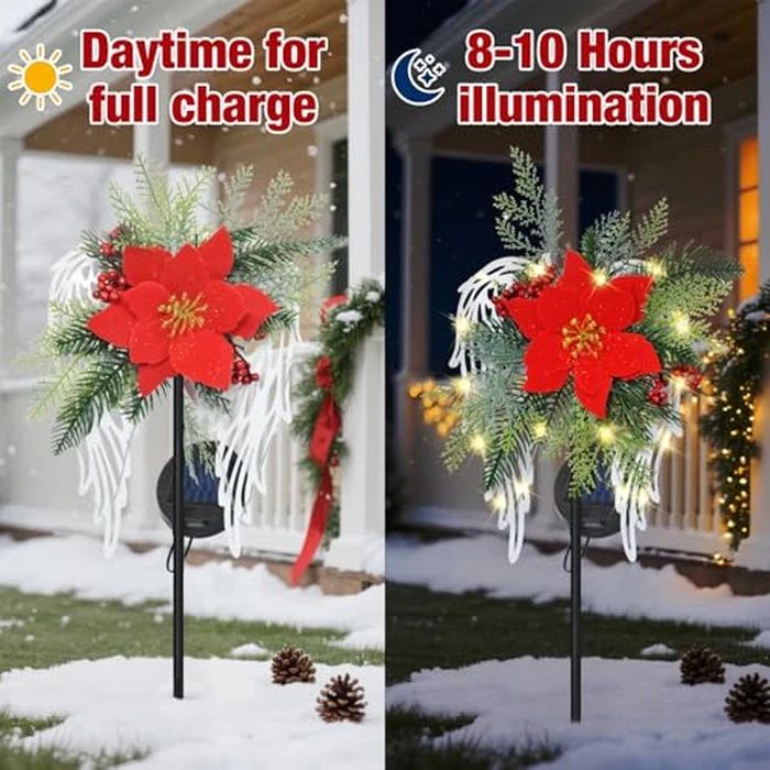 Solar Christmas Lights Outdoor Decorations, Angel Wings Garden Stake Lights Waterproof with Poinsettia Decor for Pathway, Patio, Yard, Lawn by Voxary - Image 4