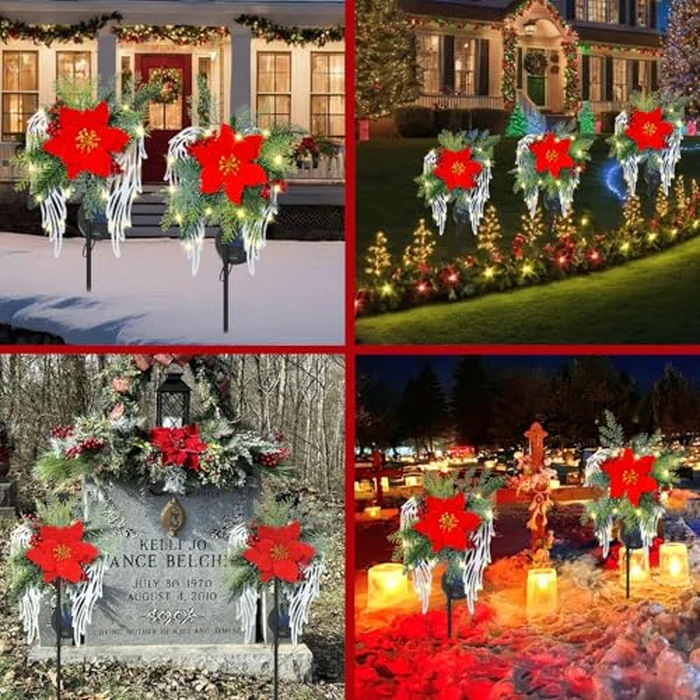 Solar Christmas Lights Outdoor Decorations, Angel Wings Garden Stake Lights Waterproof with Poinsettia Decor for Pathway, Patio, Yard, Lawn by Voxary - Image 5