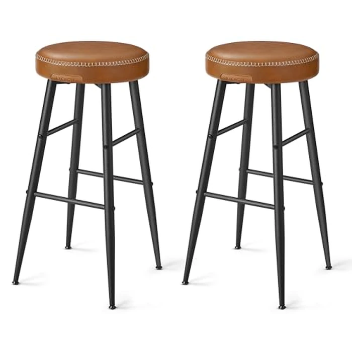 VASAGLE Echo Collection Bar Stools Set of 2, Kitchen Counter Stools, Dining Chairs, Synthetic Leather with Stitching, 30-Inch Tall, Home Bar Dining Room, Easy Assembly, Caramel Brown ULBC090K01 by VASAGLE - Used - Good condition - CA$74.13