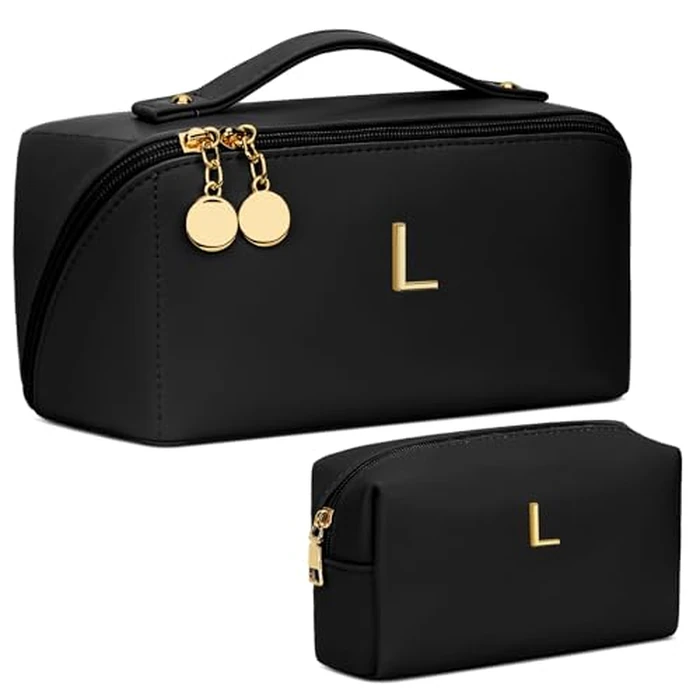 CLOUDWINGS Birthday Gifts for Women Teen Girl, Personalized Initial Makeup Organizer Bag Set, Open Flat Travel Cosmetic Bag With Clear Divider and Handle(Black,L) by CLOUDWINGS - Image 1