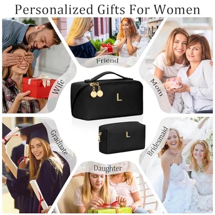 CLOUDWINGS Birthday Gifts for Women Teen Girl, Personalized Initial Makeup Organizer Bag Set, Open Flat Travel Cosmetic Bag With Clear Divider and Handle(Black,L) by CLOUDWINGS - Image 2