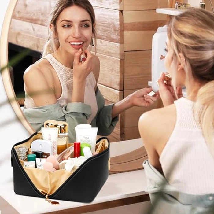 CLOUDWINGS Birthday Gifts for Women Teen Girl, Personalized Initial Makeup Organizer Bag Set, Open Flat Travel Cosmetic Bag With Clear Divider and Handle(Black,L) by CLOUDWINGS - Image 7