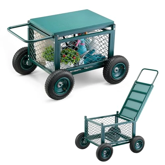 VEVOR Rolling Garden Cart with Seat, Metal Rolling Garden Work Seat with Wheels, Supports up to 400 LBS, Heavy Duty Gardening Cart Scooter, Outdoor Wagon & Stool on Wheels for Lawn, Patio, Backyard by VEVOR - Used - Like New condition - US$60.63