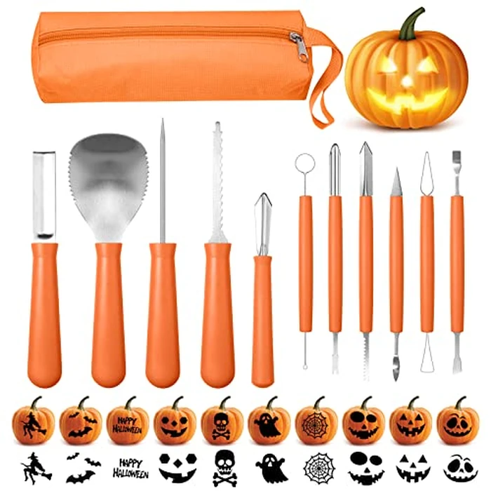 21Pcs Halloween Pumpkin Carving Kit with Stencils, Professional Heavy Duty Stainless Steel Sculpting Tools Set with Carrying Bag for Adults & Kids, Halloween Decoration Jack-O-Lanterns (Brown) by Bluepair - Used - Like New condition - CA$9.51