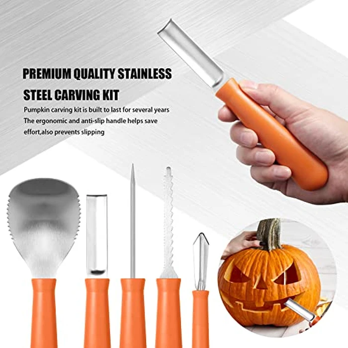 21Pcs Halloween Pumpkin Carving Kit with Stencils, Professional Heavy Duty Stainless Steel Sculpting Tools Set with Carrying Bag for Adults & Kids, Halloween Decoration Jack-O-Lanterns (Brown) by Bluepair - Image 2