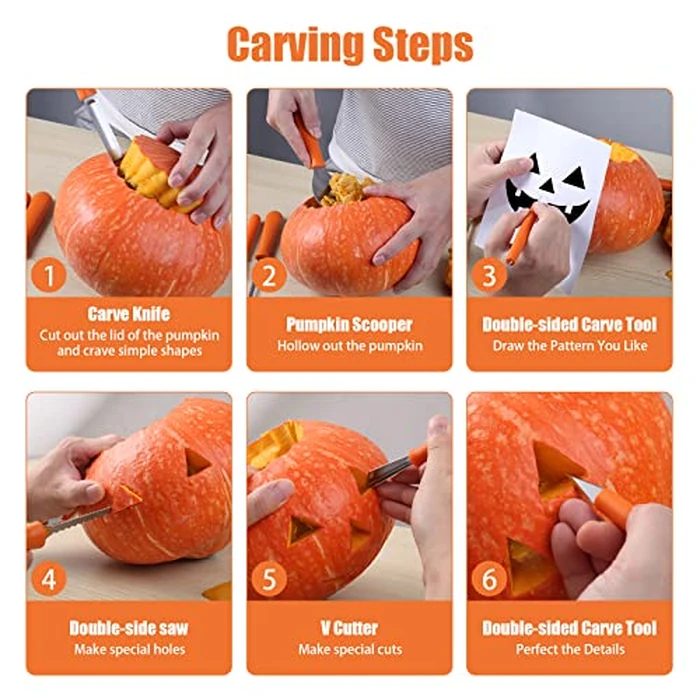 21Pcs Halloween Pumpkin Carving Kit with Stencils, Professional Heavy Duty Stainless Steel Sculpting Tools Set with Carrying Bag for Adults & Kids, Halloween Decoration Jack-O-Lanterns (Brown) by Bluepair - Image 4
