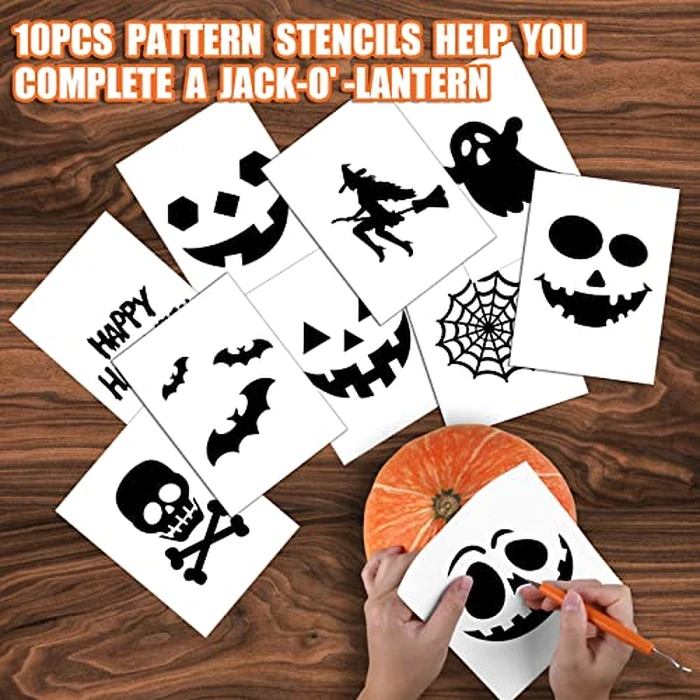 21Pcs Halloween Pumpkin Carving Kit with Stencils, Professional Heavy Duty Stainless Steel Sculpting Tools Set with Carrying Bag for Adults & Kids, Halloween Decoration Jack-O-Lanterns (Brown) by Bluepair - Image 5