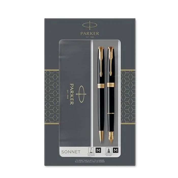 Parker Sonnet Duo Gift Set with Ballpoint Pen & Fountain Pen (18K Gold Nib) | Gloss Black with Gold Trim | Black Refill & Cartridges by Parker - Used - Like New condition - CA$248.53