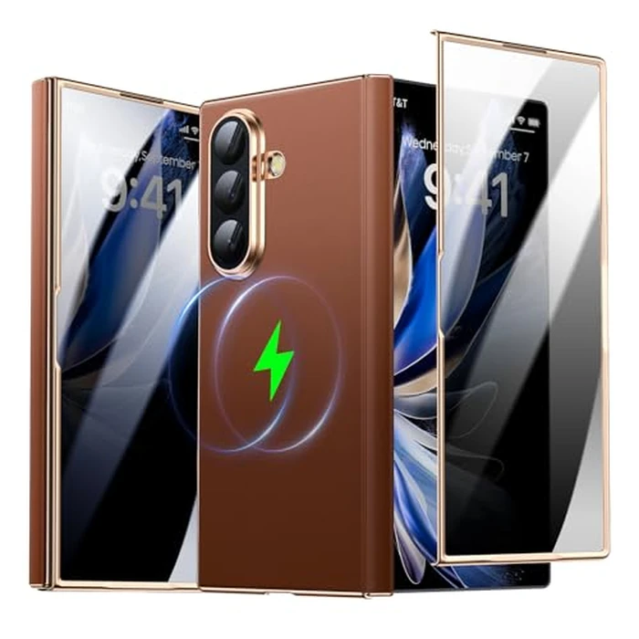 YOOVEI Magnetic for Samsung Galaxy Z Fold 7 Case Luxury Leather [Hinge Protection] Built-in [Privacy Screen Protector] [Fit for MagSafe] Camera Protection Zfold 7 Case Brown by YOOVEI - Image 9