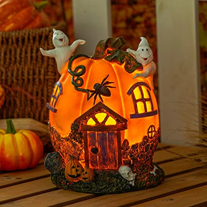 Topadorn Halloween Jack Lantern Pumpkin & Ghosts LED Resin Statue Decoration, Fall Garden Figurine for Party, Bookshelf, Indoor, Patio Decor, 7" H by Topadorn - Image 1