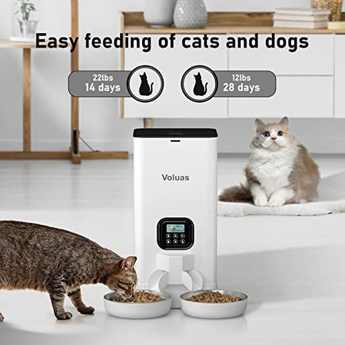 Voluas Automatic Cat Feeder for Two Cats, Double Pet Feeder with 2 Stainless Steel Bowls,6L Timed Cat Feeders with Memory Function by Voluas - Image 2