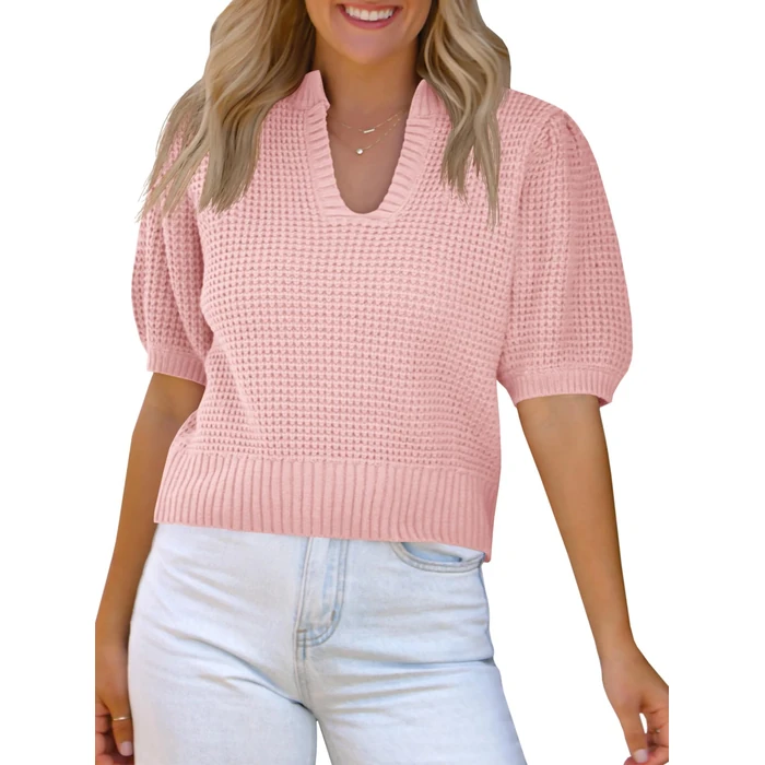 Saodimallsu Womens Puff Short Sleeve Sweater Top Waffle Knit V Neck Spring Summer Cropped Trendy Cute Shirts Blouses Light Pink by Saodimallsu - Used - Like New condition