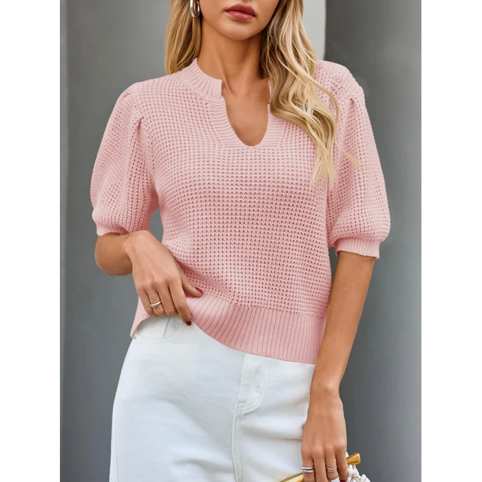 Saodimallsu Womens Puff Short Sleeve Sweater Top Waffle Knit V Neck Spring Summer Cropped Trendy Cute Shirts Blouses Light Pink by Saodimallsu - Image 4