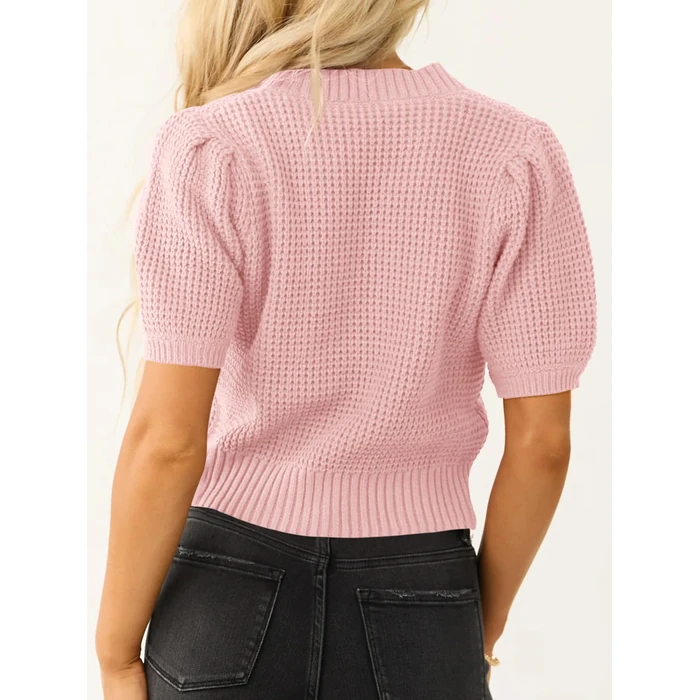 Saodimallsu Womens Puff Short Sleeve Sweater Top Waffle Knit V Neck Spring Summer Cropped Trendy Cute Shirts Blouses Light Pink by Saodimallsu - Image 5
