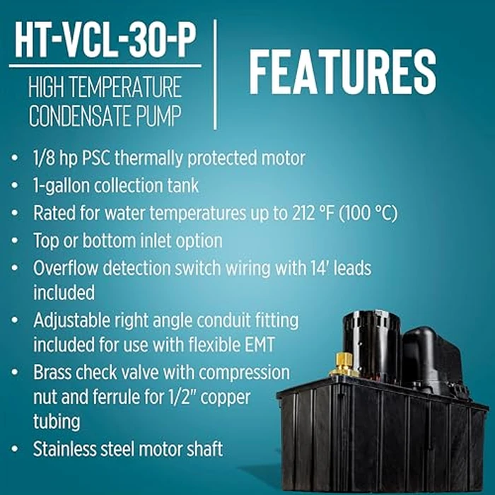 Little Giant HT-VCL-30-P 115 Volt, 350 GPH, 1/8 HP, 32-Ft. Shutoff, High Temperature Plenum Condensate Pump, Black, 553130101 by Little Giant - Image 3