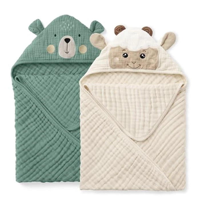 Blissful Diary Muslin Baby Hooded Towel 2 Pack, Soft & Absorbent Bath Towel for Infant, Toddler, Unisex, Baby Gift, Newborn Essentials, Bear & Lamb by Blissful Diary - Used - Very Good condition - US$20.37