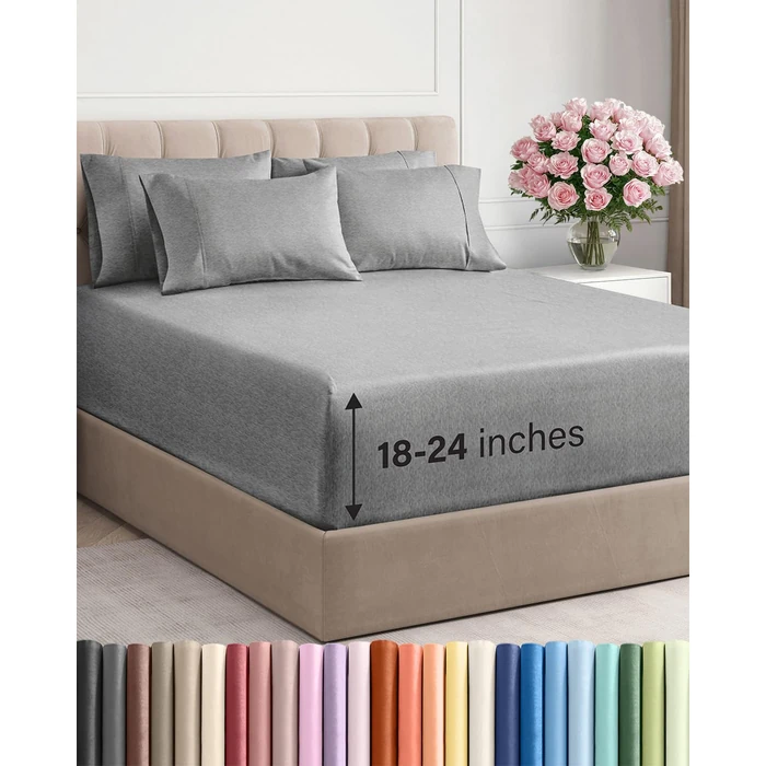 Extra Deep Cal King Sheet Set - 6 Piece Breathable & Cooling Sheets - Hotel Luxury Bed Sheets Set - Easy Fit - Soft, Wrinkle Free & Comfy Sheets Set - Heathered Grey Sheet Set w/Extra Deep Pockets by CGK Unlimited - Image 1